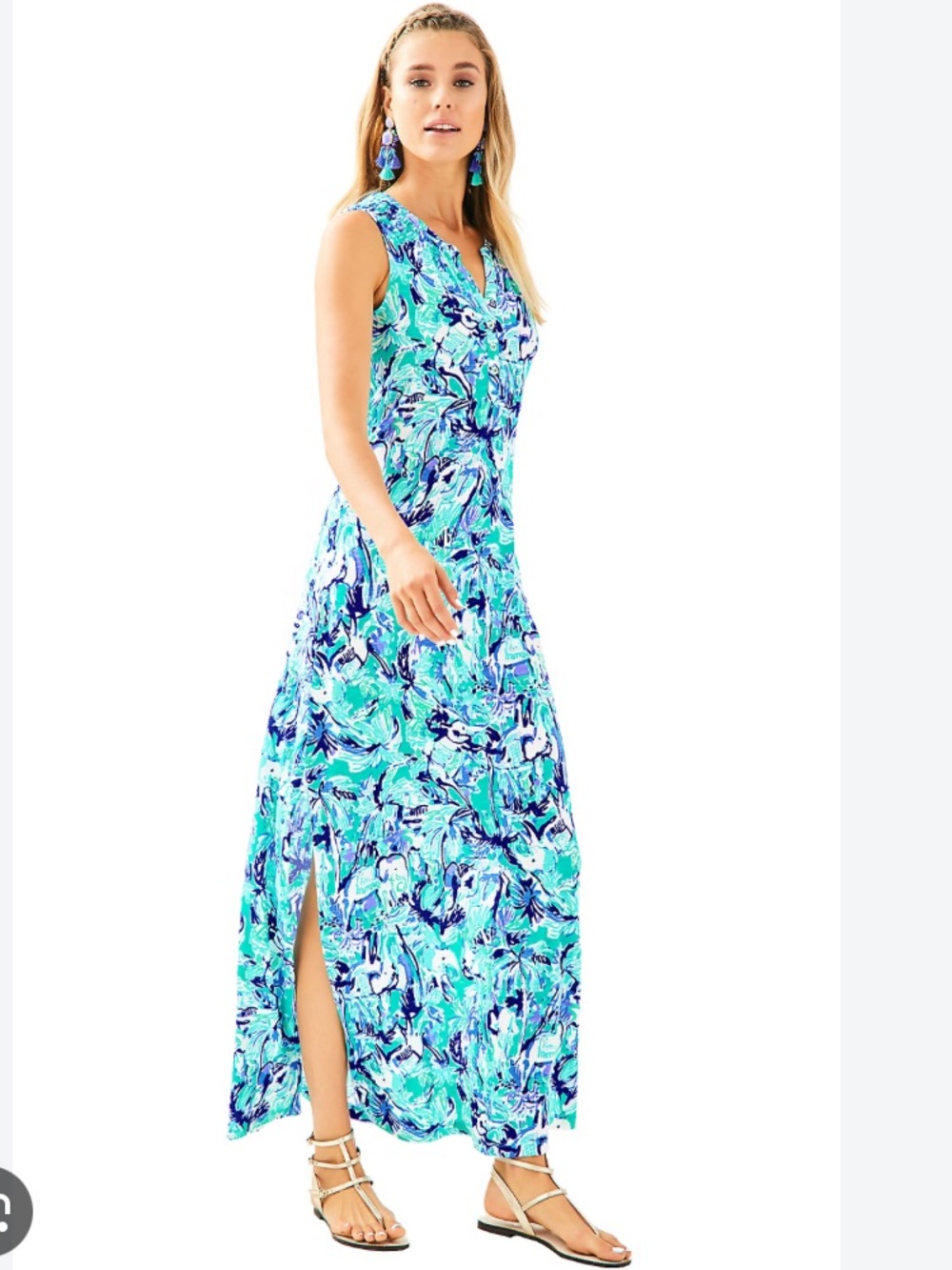 Lilly Pulitzer Essie Elephant Floral Print Long Maxi Blue Turquoise Maxi Dress M